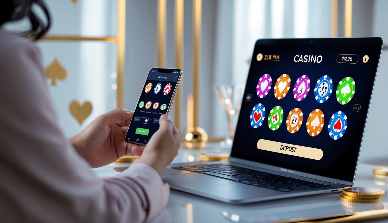 Seseorang menggunakan laptop dan ponsel untuk bermain game kasino online dengan antarmuka digital yang menampilkan chip poker dan kartu bermain.