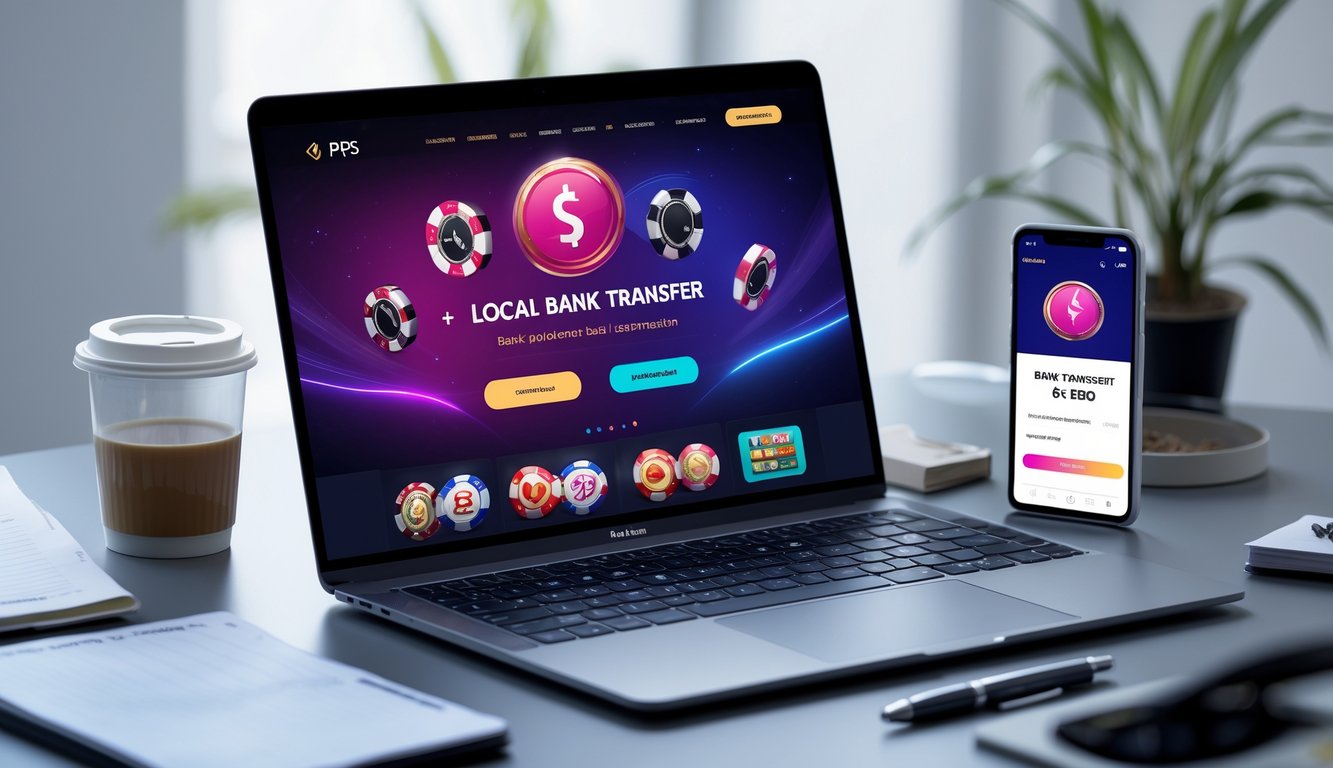Seorang pengguna sedang melakukan transaksi kasino online yang aman dan cepat menggunakan laptop dan aplikasi transfer bank lokal di meja kerja.
