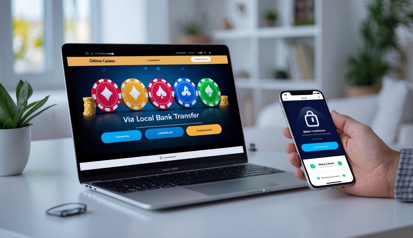 Seorang pengguna sedang mengakses situs casino online di laptop dengan tampilan aplikasi transfer bank di ponsel di sampingnya.