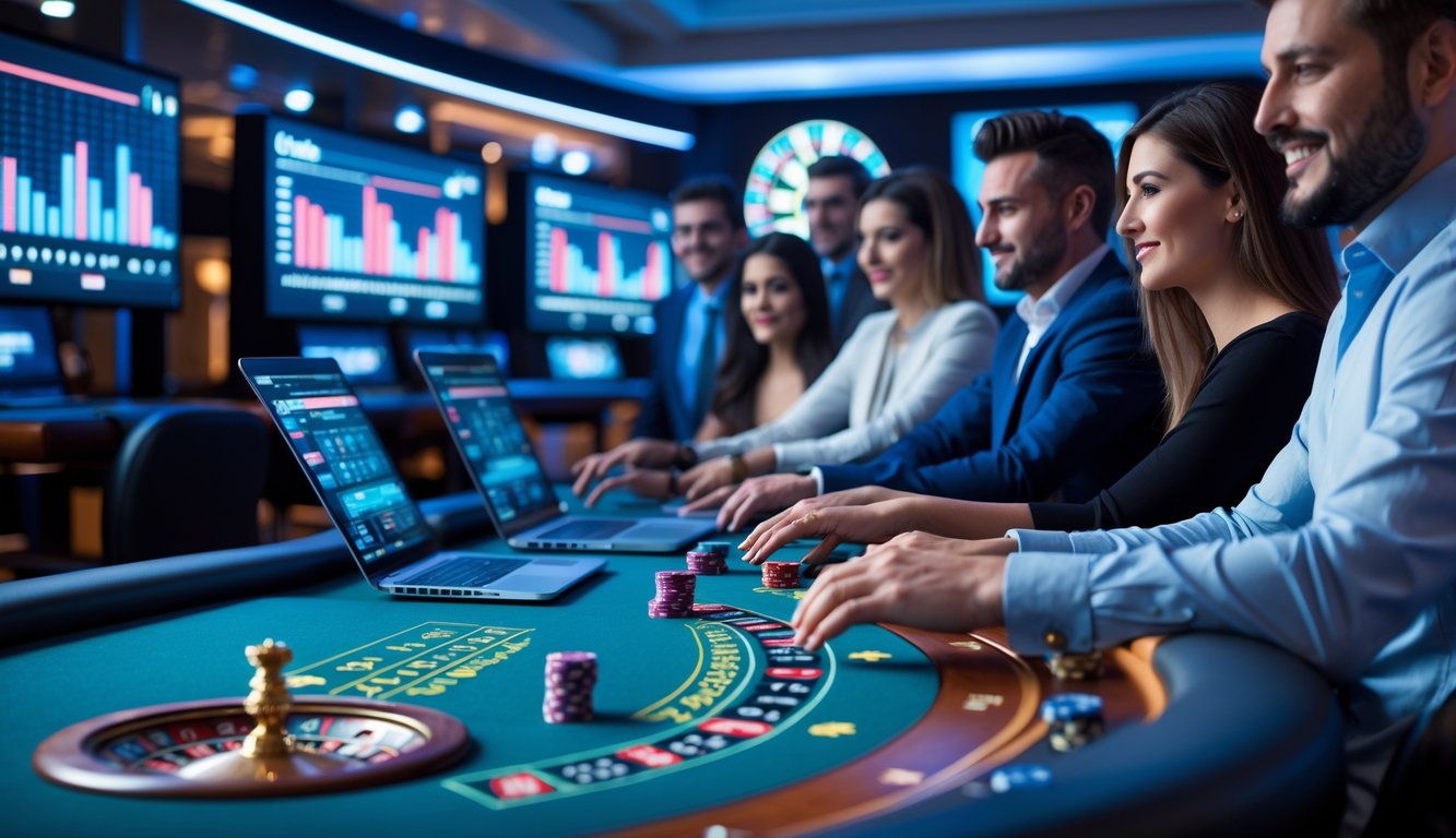 Orang-orang bermain judi kasino online dengan perangkat digital di meja kasino modern.