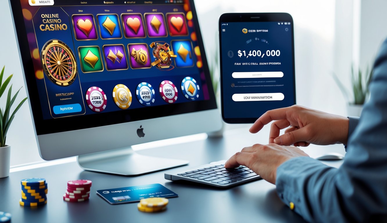 Seseorang menggunakan komputer dengan tampilan permainan kasino online, kartu kredit, dan chip kasino di meja.