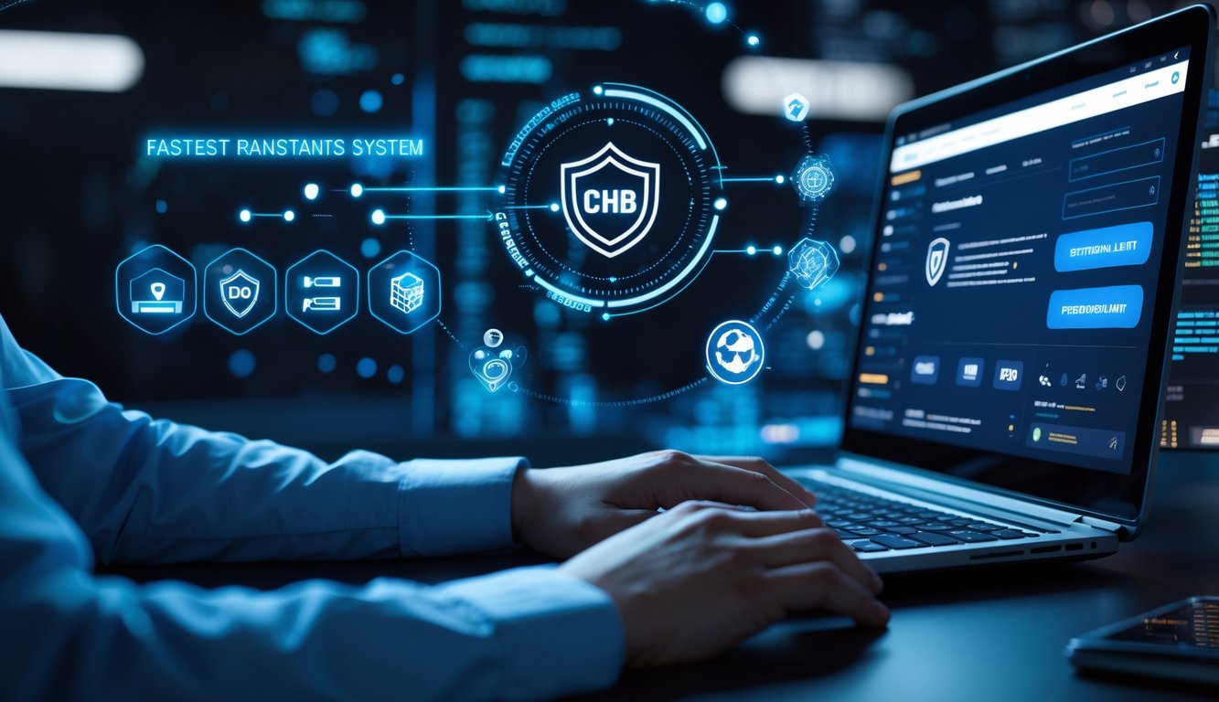 Seseorang sedang menggunakan laptop dengan tampilan kasino online yang aman dan cepat, di ruang kerja modern dengan simbol pembayaran digital dan elemen keamanan digital di latar belakang.