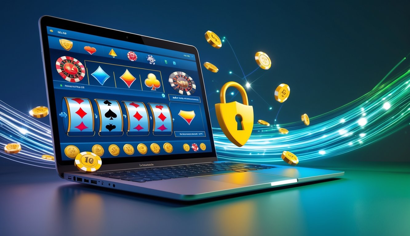 Sebuah laptop menampilkan permainan kasino online dengan ikon keamanan dan simbol pembayaran cepat di sekitarnya.