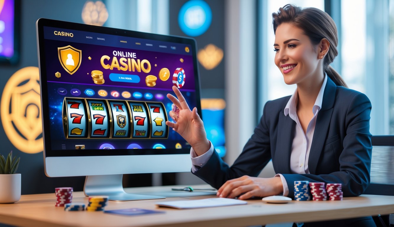 Seorang profesional menggunakan komputer dengan tampilan permainan kasino online di layar, di meja terdapat chip dan kartu, suasana terlihat aman dan terpercaya.