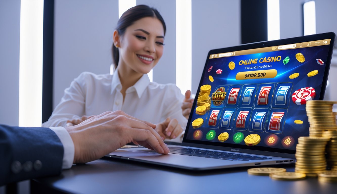 Seseorang menggunakan laptop dengan tampilan permainan kasino online yang cerah dan penuh warna, menunjukkan suasana kasino daring yang terpercaya dan proses transaksi cepat.