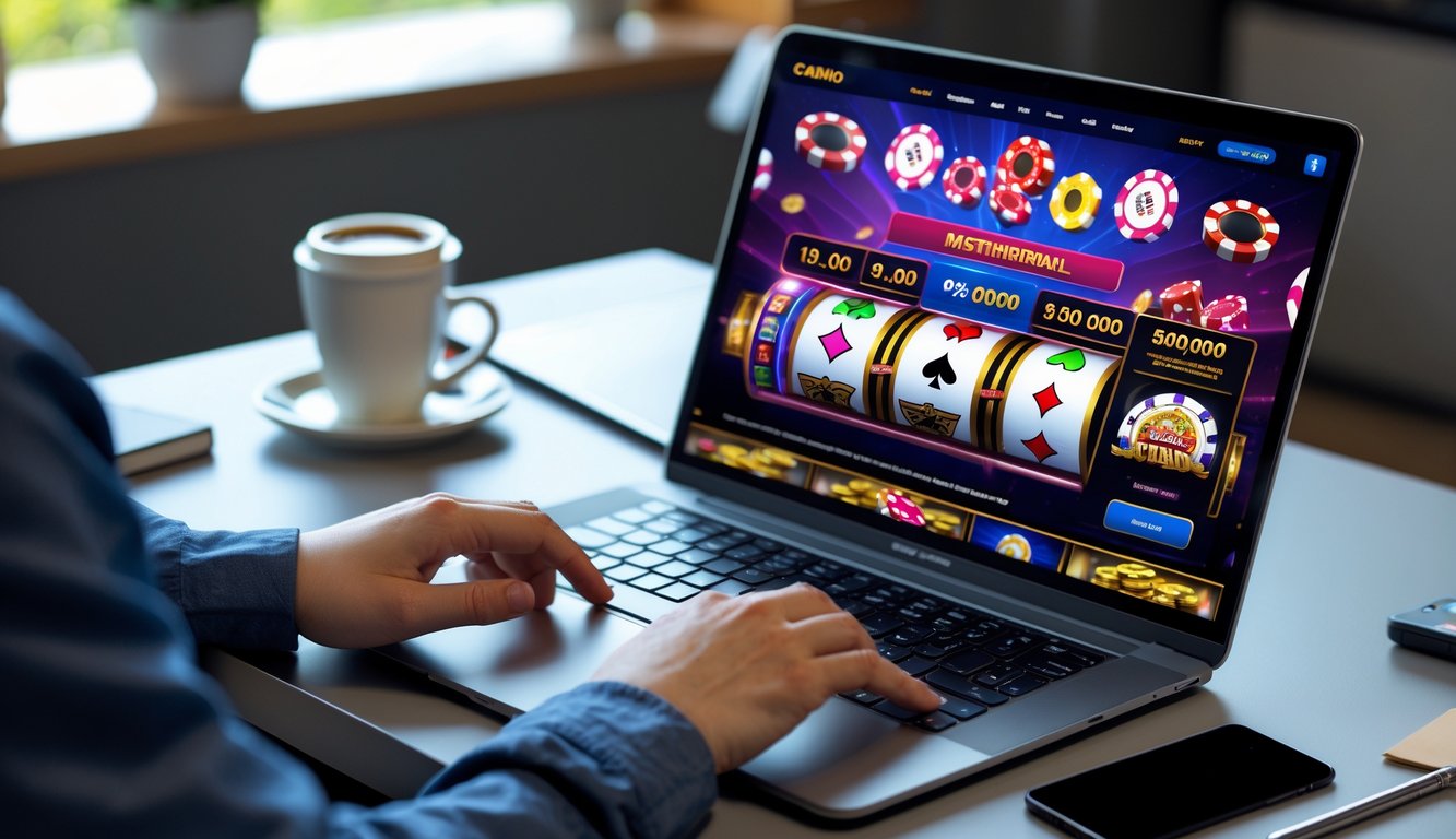 Seseorang menggunakan laptop dengan tampilan situs judi casino online yang menampilkan mesin slot dan kartu di layar.