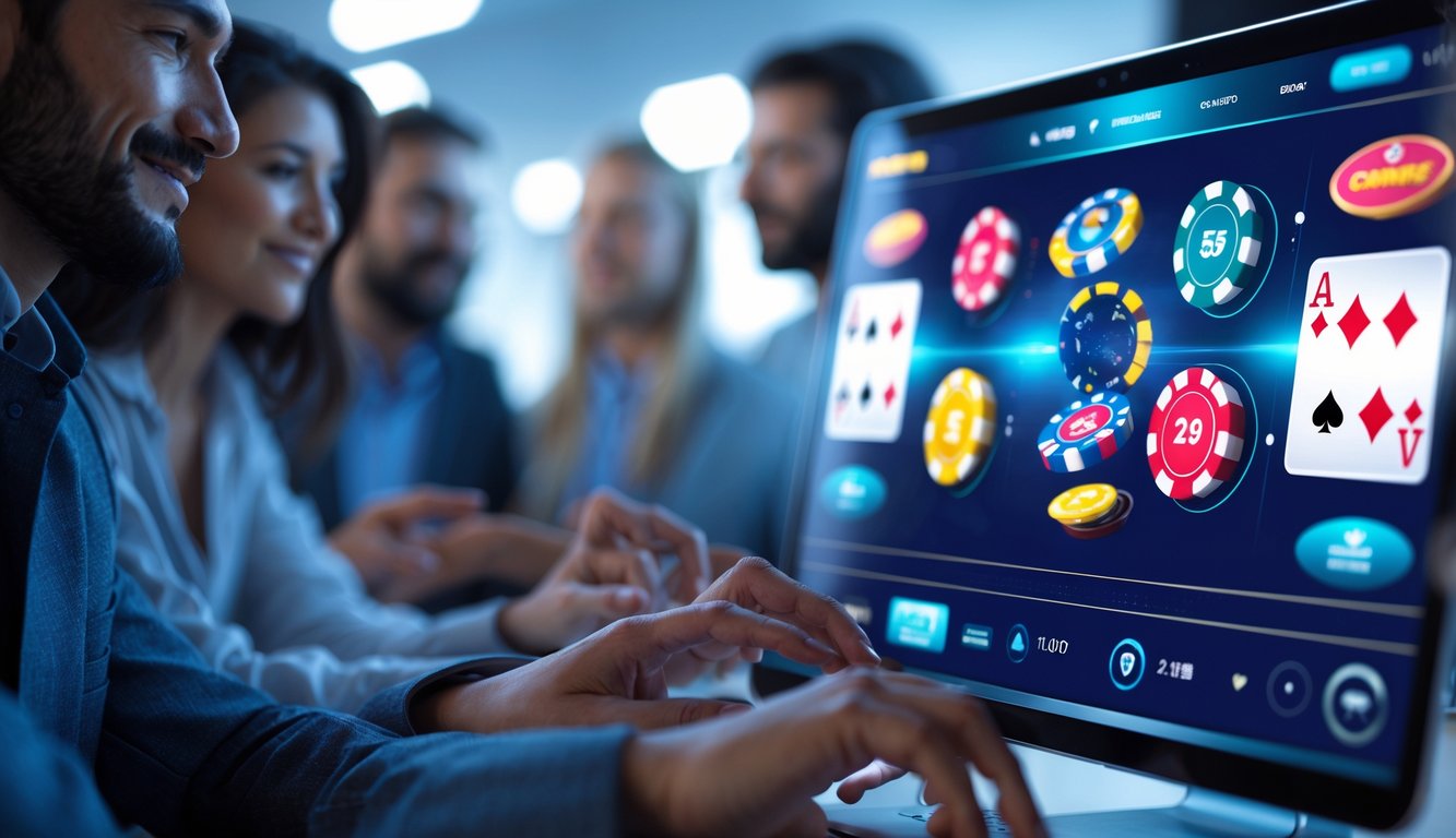 Orang-orang menggunakan perangkat digital dengan latar permainan kasino online yang aman dan cepat.