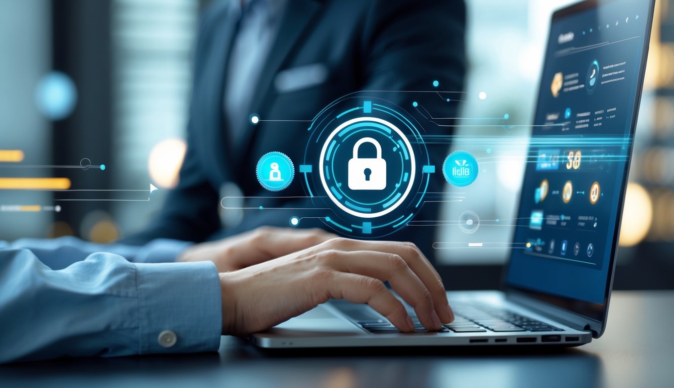 Seseorang menggunakan laptop di lingkungan kasino online yang aman dan cepat dengan simbol keamanan dan kecepatan di latar belakang.