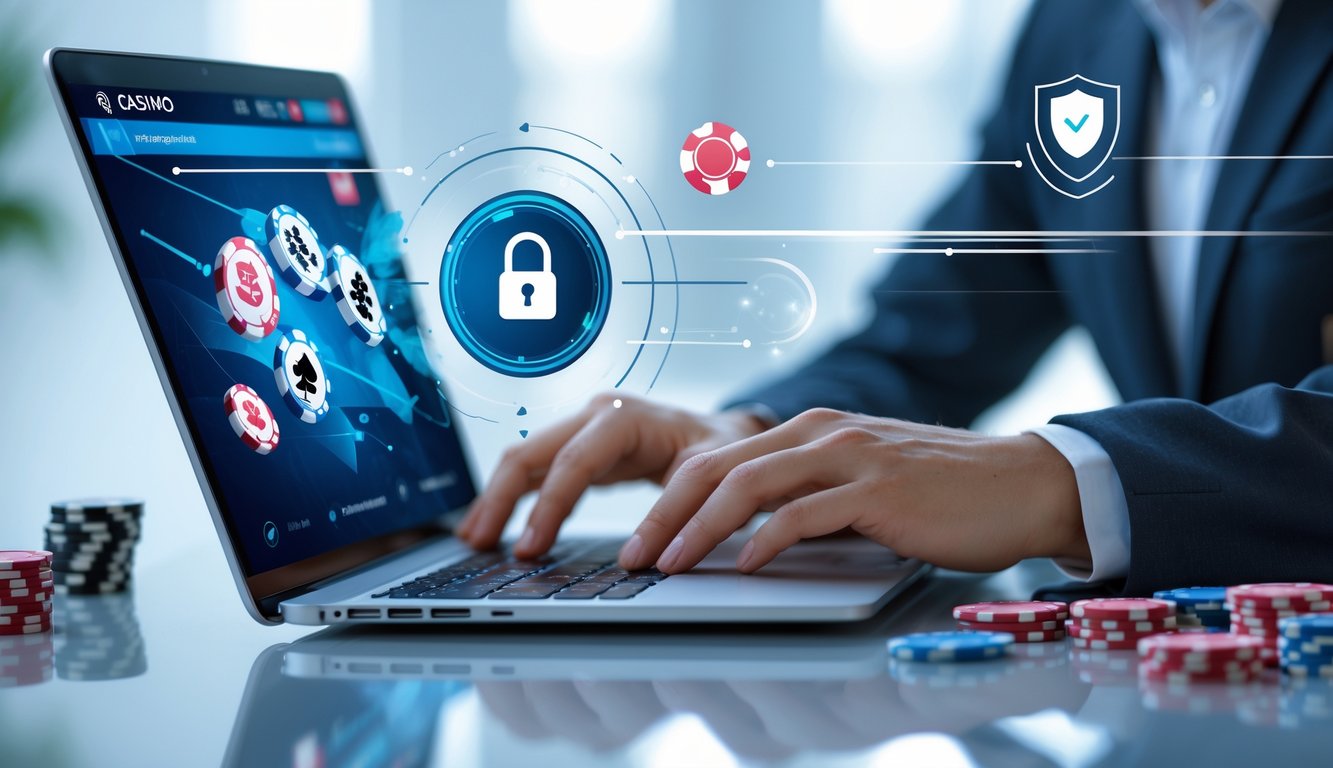 Seseorang menggunakan laptop dengan ikon kasino online dan simbol keamanan di latar belakang.