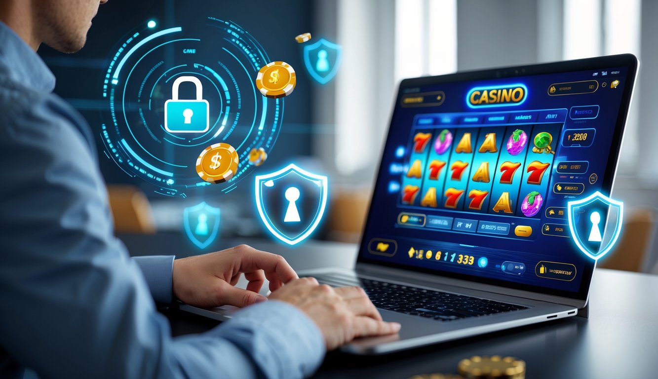 Seseorang menggunakan komputer dengan tampilan permainan kasino online dan simbol keamanan di sekitarnya.