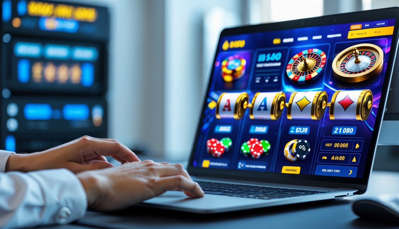 Seorang pengguna sedang menggunakan komputer dengan tampilan permainan kasino online yang berwarna-warni di layar, di ruang kerja yang terang dan rapi.