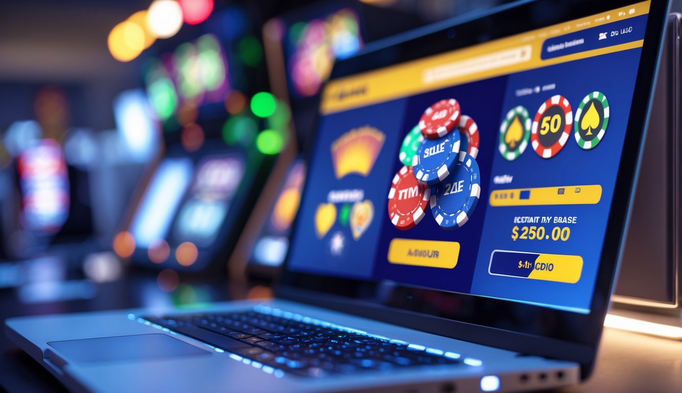 Tampilan layar perangkat digital dengan antarmuka platform kasino online yang aman dan cepat, menunjukkan permainan kasino dan ikon keamanan.