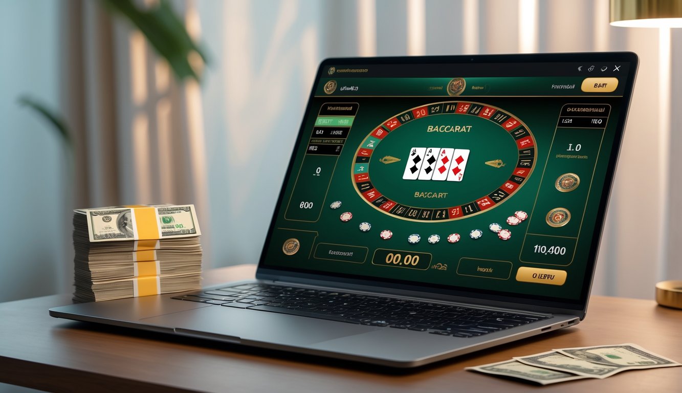 Sebuah laptop menampilkan permainan baccarat online dengan tumpukan uang rupiah di atas meja kayu.