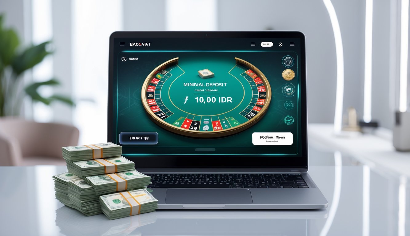 Seorang pemain menggunakan laptop dengan tampilan permainan baccarat online dan tumpukan uang rupiah kecil di sampingnya.