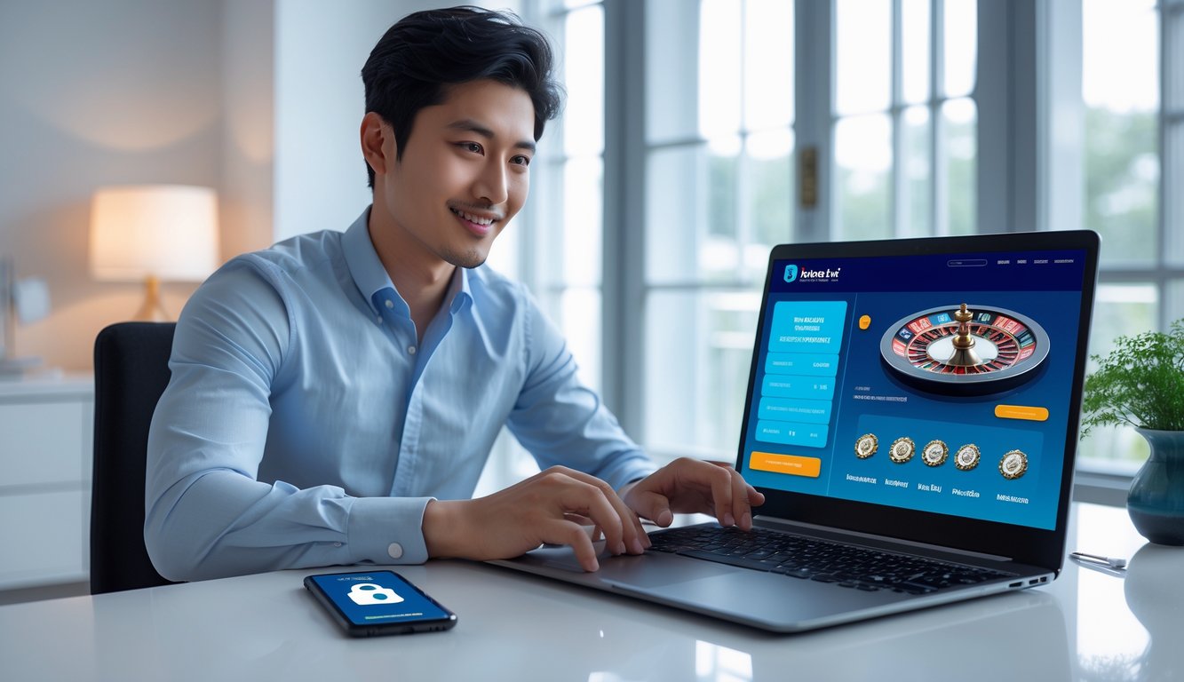 Seorang pria muda duduk di meja dengan laptop dan ponsel, fokus pada permainan baccarat online dan transaksi deposit kecil yang aman.