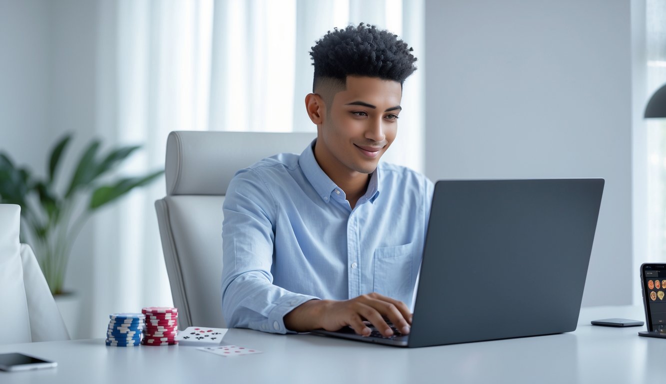 Seorang dewasa muda duduk di meja modern sambil bermain baccarat online di laptop dengan suasana ruangan yang terang dan rapi.