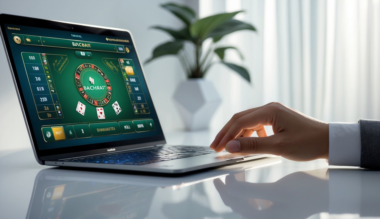 Seseorang menggunakan laptop atau ponsel untuk bermain baccarat online dengan tampilan antarmuka game yang jelas dan modern.