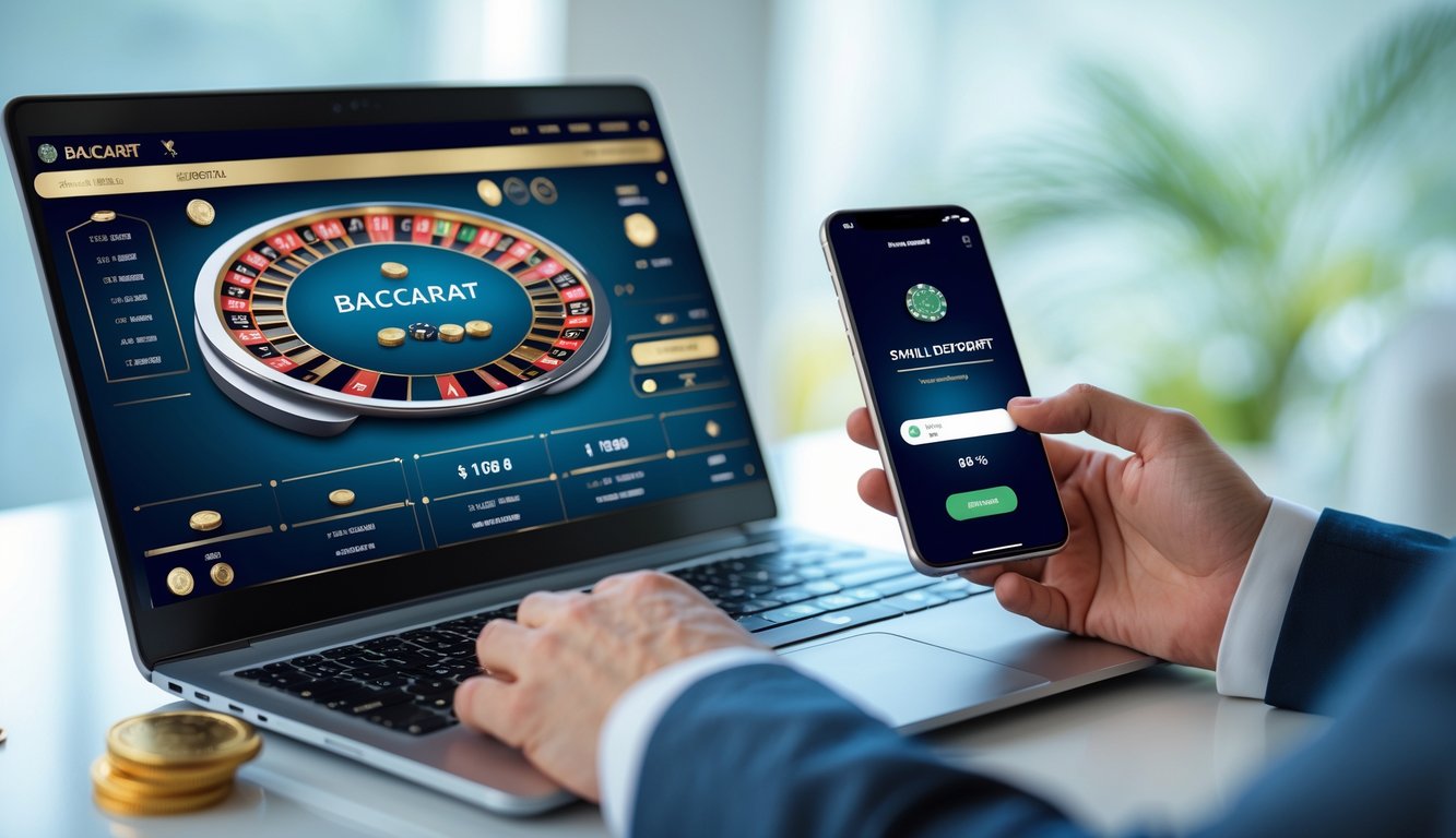 Seseorang menggunakan laptop dan ponsel untuk bermain baccarat online dengan transaksi deposit kecil yang cepat.