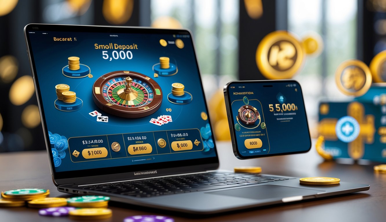 Seseorang menggunakan laptop dengan permainan baccarat online di layar, menampilkan chip dan kartu, serta simbol transaksi dan bonus di latar belakang.