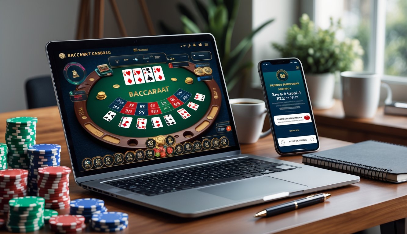 Meja kerja dengan laptop yang menampilkan permainan baccarat online, smartphone dengan notifikasi bonus, tumpukan chip poker, dan secangkir kopi di ruangan yang terang.