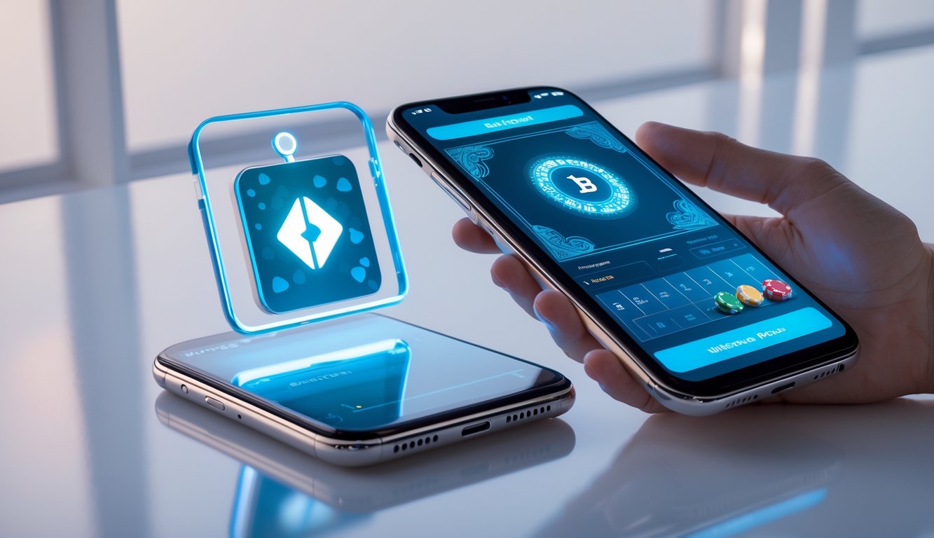 Seseorang memegang ponsel dengan tampilan permainan baccarat dan ikon aplikasi e-wallet di layar, menunjukkan proses pembayaran instan dan aman.