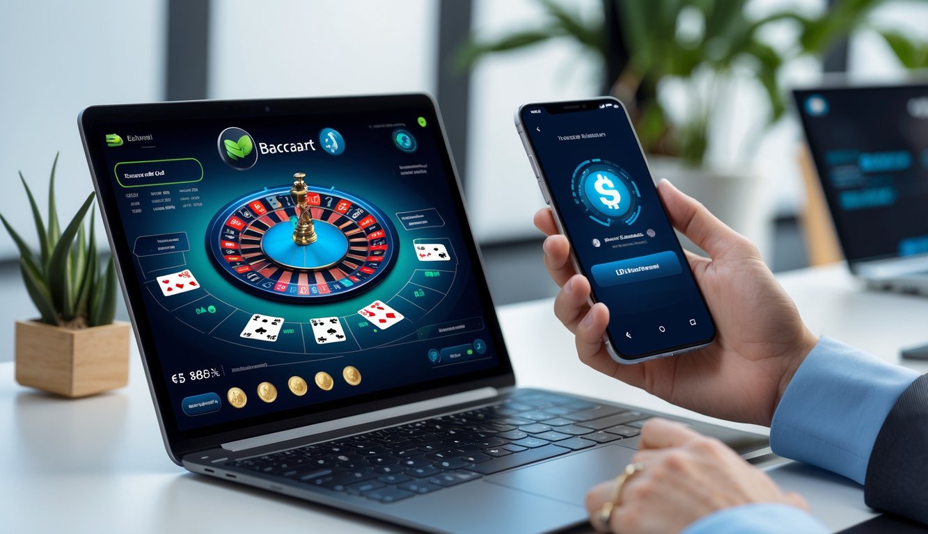 Seseorang menggunakan ponsel dan laptop untuk bermain baccarat online dengan transaksi deposit kecil melalui e-wallet yang aman dan cepat.