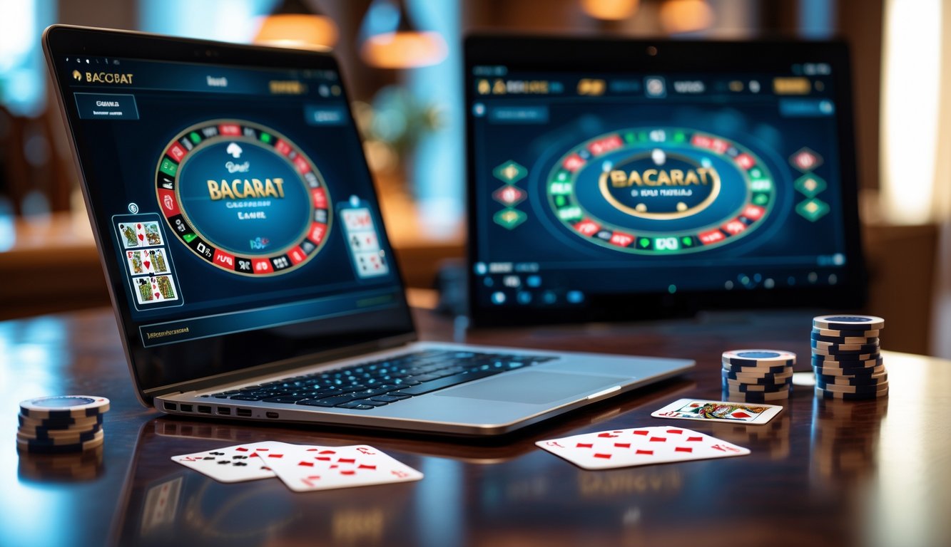 Sebuah meja dengan komputer yang menampilkan permainan baccarat online, kartu dan chip poker tertata rapi di atas meja.