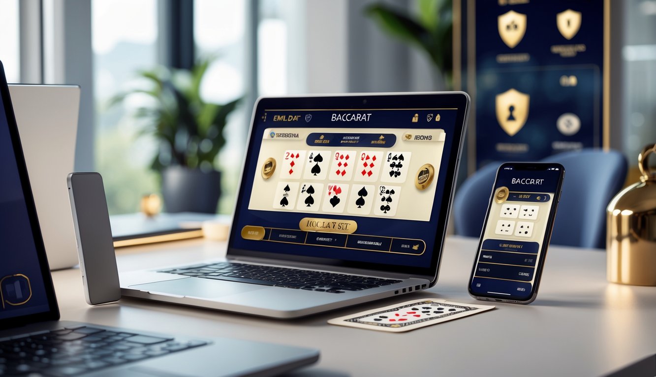 Seorang pengguna sedang bermain baccarat online di laptop dan ponsel di atas meja yang rapi dengan suasana yang tenang.