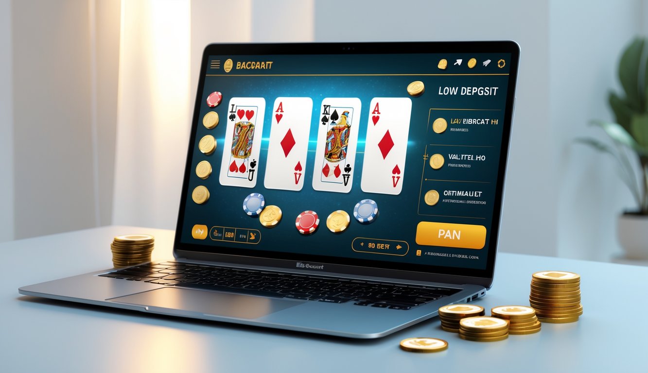Sebuah laptop menampilkan permainan baccarat online dengan suasana yang bersih dan minimalis, dilengkapi dengan tumpukan koin kecil dan ikon dompet digital di sekitarnya.