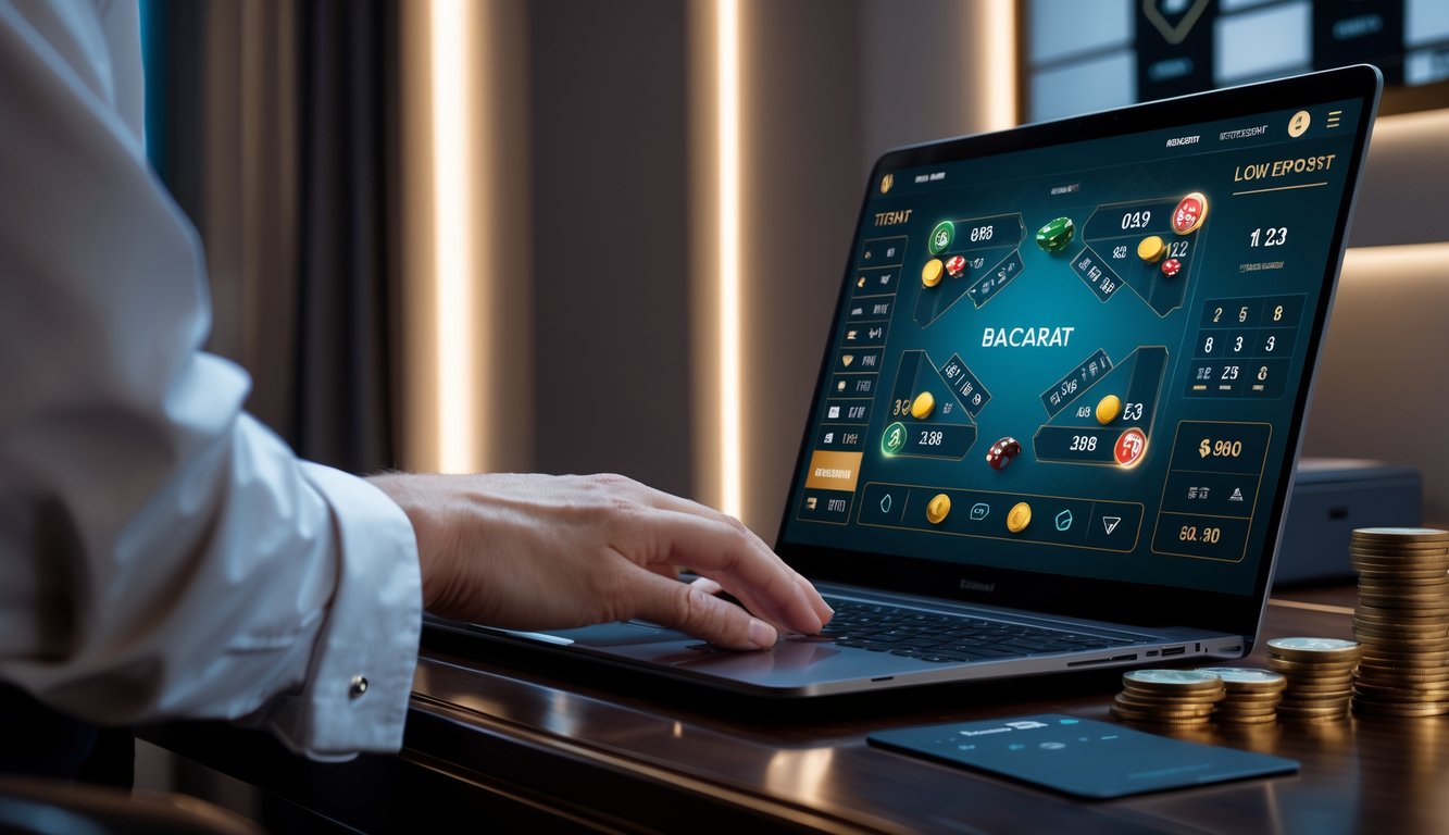 Seorang pemain sedang bermain baccarat online di depan komputer dengan suasana modern dan pencahayaan yang nyaman.