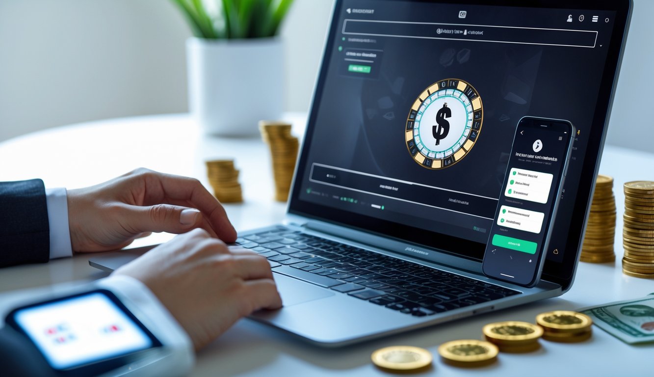 Suasana ruang kerja modern dengan komputer menampilkan permainan baccarat online dan simbol pembayaran digital.