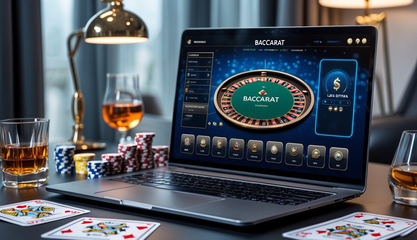 Seorang pria menggunakan laptop dengan permainan baccarat online, dikelilingi oleh chip poker dan kartu remi di meja yang rapi.