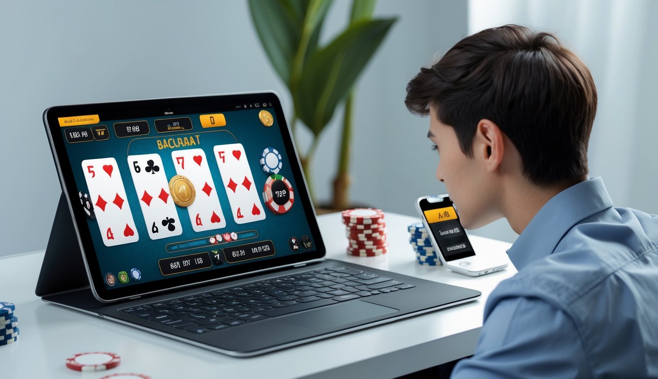Seorang pemain muda duduk di depan laptop yang menampilkan permainan baccarat online dengan kartu dan chip terlihat jelas.