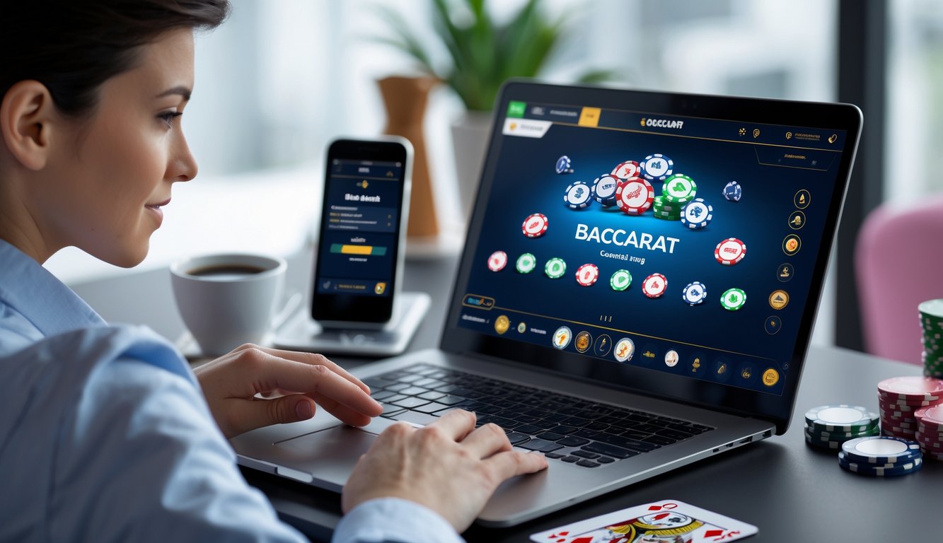 Seorang pemain muda sedang menggunakan laptop untuk bermain baccarat online dengan tampilan deposit kecil di layar, duduk di meja kerja yang rapi.