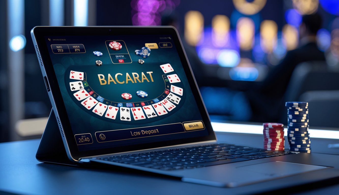 Seorang pemain menggunakan laptop untuk bermain baccarat online dengan tumpukan chip kecil di sampingnya.