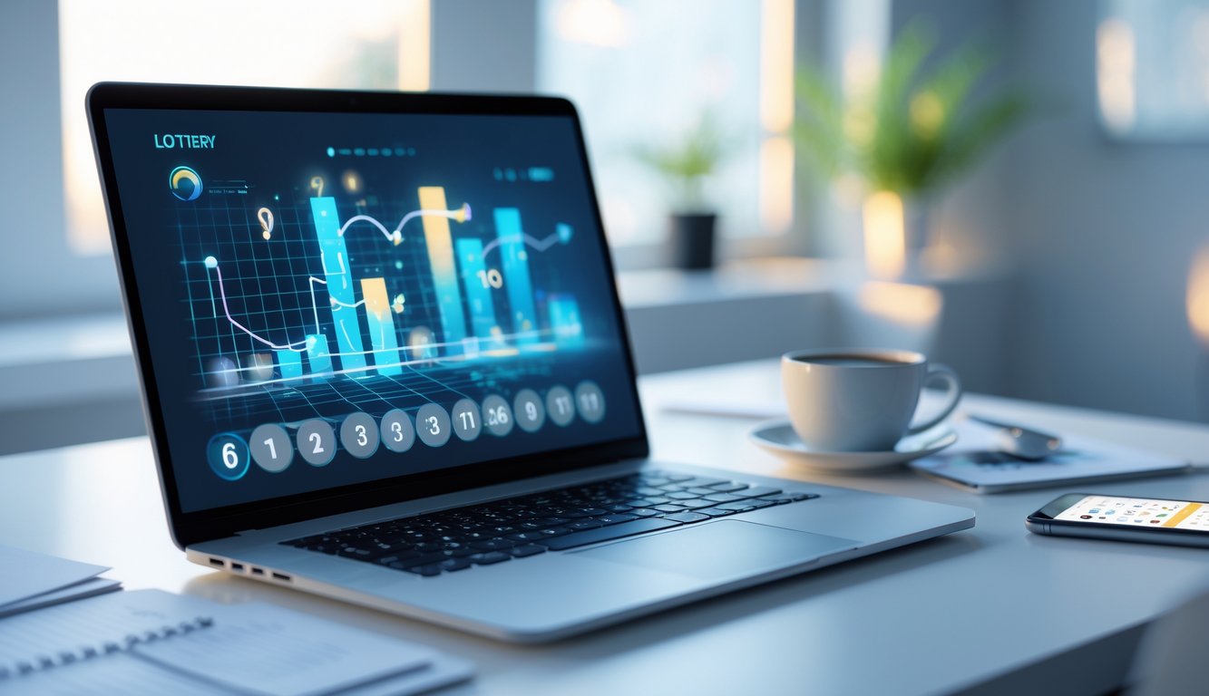 Meja kerja dengan laptop yang menampilkan grafik dan angka, ponsel dengan aplikasi lotere, dan secangkir kopi di ruangan dengan cahaya alami.