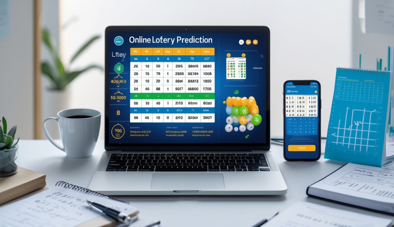 Meja kerja dengan laptop, smartphone, dan catatan yang menampilkan data dan angka untuk prediksi togel online 2D.