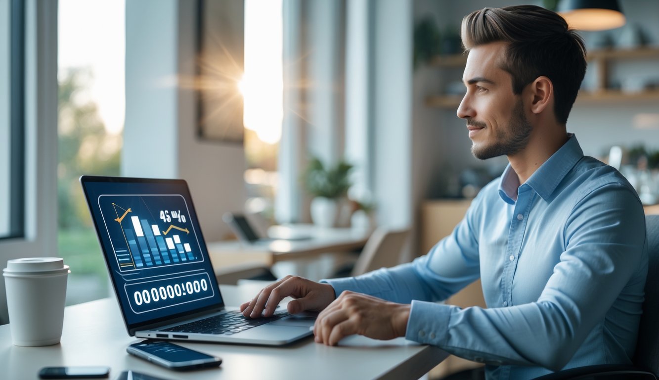 Seorang dewasa muda duduk di meja dengan laptop di ruang kerja modern, fokus pada layar dengan grafik digital yang menunjukkan konsep lotere online yang terpercaya dan berpeluang menang tinggi.