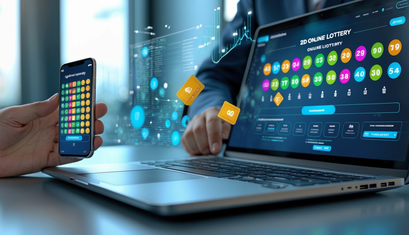 Seseorang menggunakan laptop dan ponsel dengan tampilan angka lotre di lingkungan digital modern.