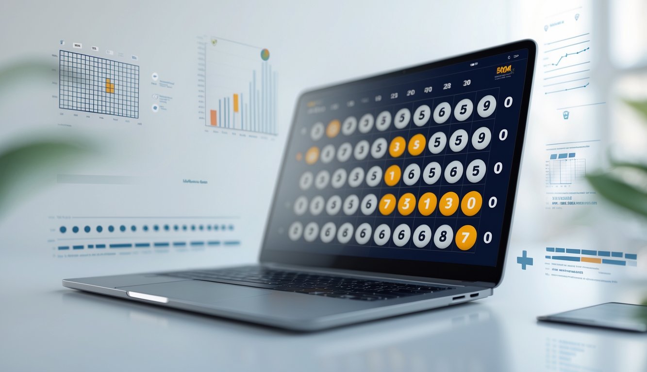Seseorang menggunakan laptop atau ponsel dengan tampilan angka togel 2D di layar, dikelilingi grafik dan data prediksi.