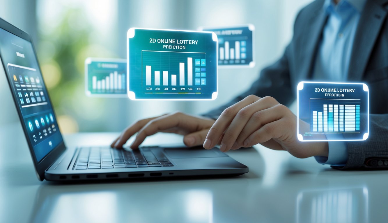 Seseorang menggunakan laptop dengan layar holografik menampilkan angka dan grafik prediksi togel online.
