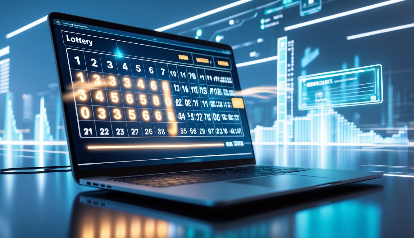 Antarmuka digital modern yang menampilkan angka togel 2D dengan latar belakang teknologi futuristik dan elemen grafik data.