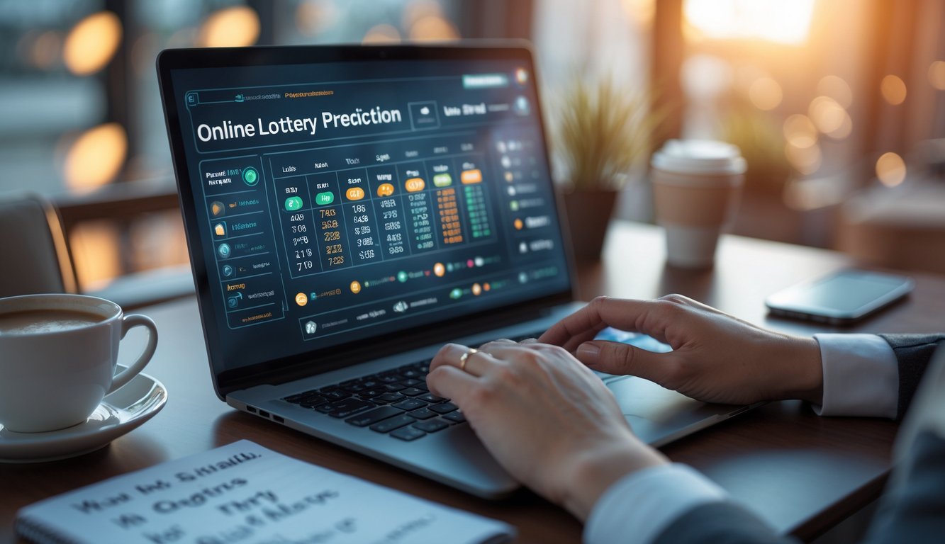 Seorang pria menggunakan laptop di meja dengan grafik dan angka di layar, suasana fokus dan profesional.