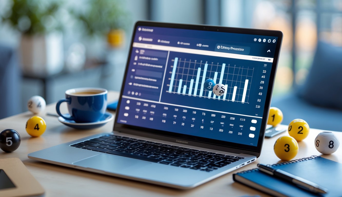 Meja kerja dengan laptop yang menampilkan antarmuka prediksi togel 2D, bola togel, cangkir kopi, dan buku catatan.