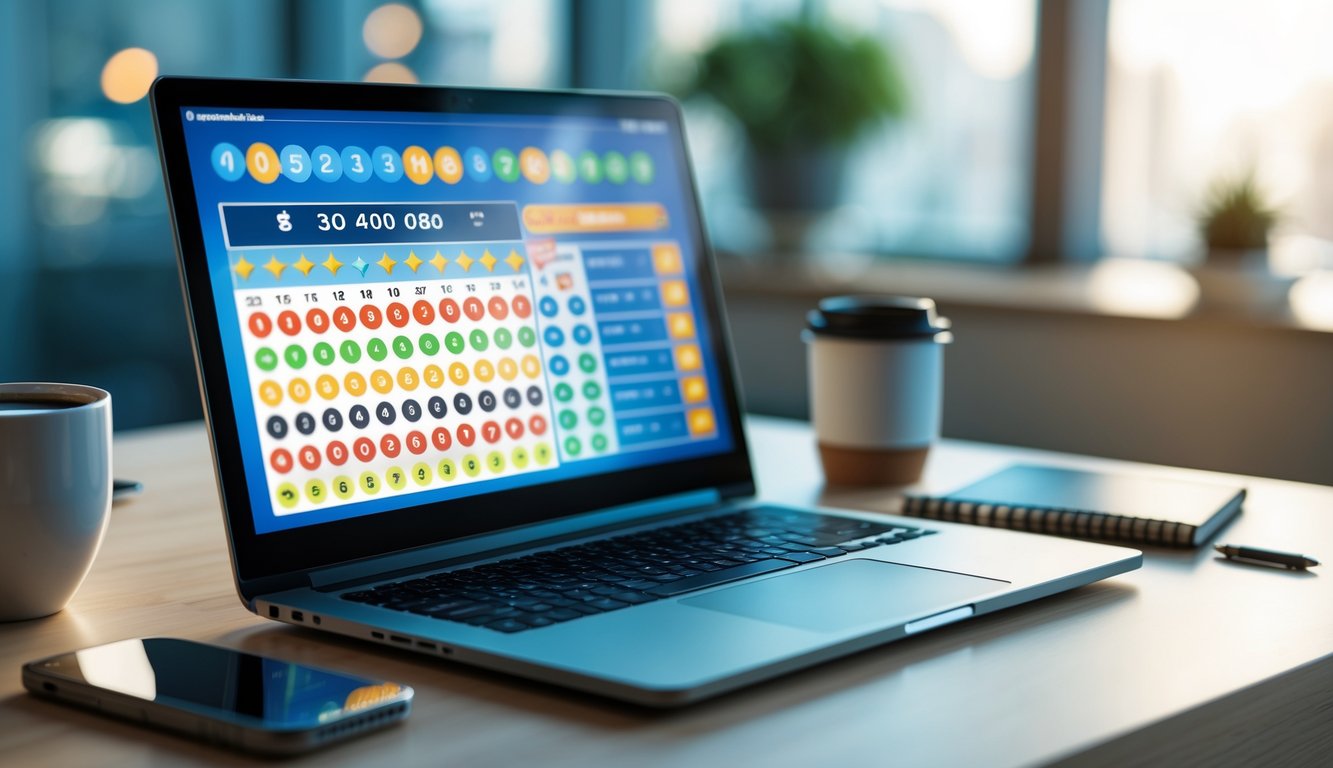 Meja kerja modern dengan laptop yang menampilkan angka dan grafik togel, ditemani kopi, ponsel, dan buku catatan.