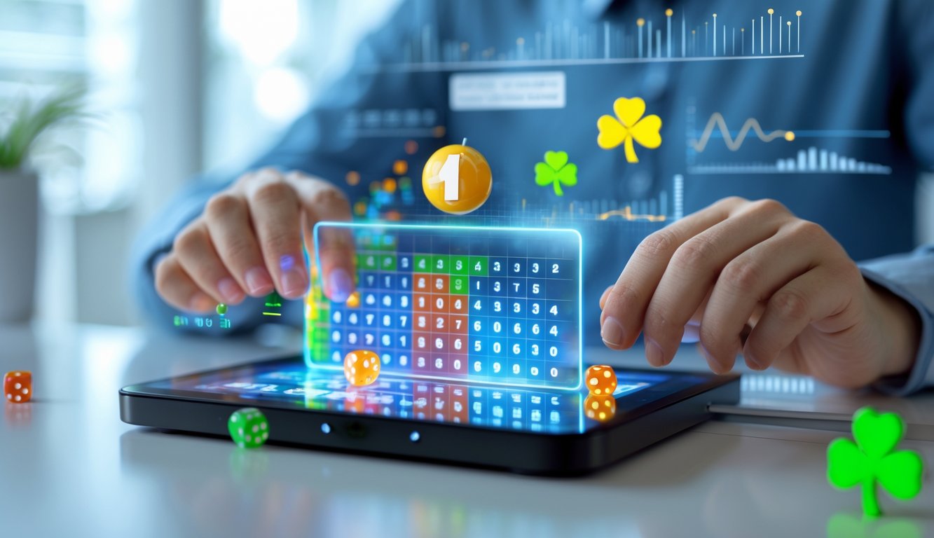 Tangan seseorang menggunakan perangkat layar sentuh dengan tampilan angka dan grafik lotere online 2D dalam suasana ruangan yang terang dan rapi.