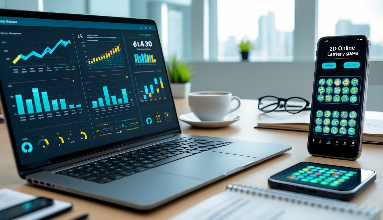 Meja kerja modern dengan laptop yang menampilkan grafik dan data, smartphone dengan antarmuka permainan togel online 2D, serta perlengkapan kantor seperti cangkir kopi dan buku catatan.