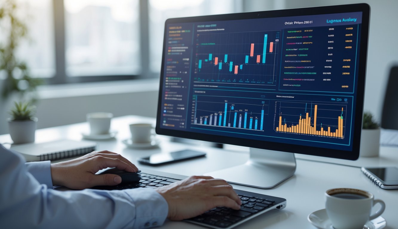 Seseorang bekerja dengan komputer menampilkan grafik dan data analisis togel online di ruang kantor yang rapi.