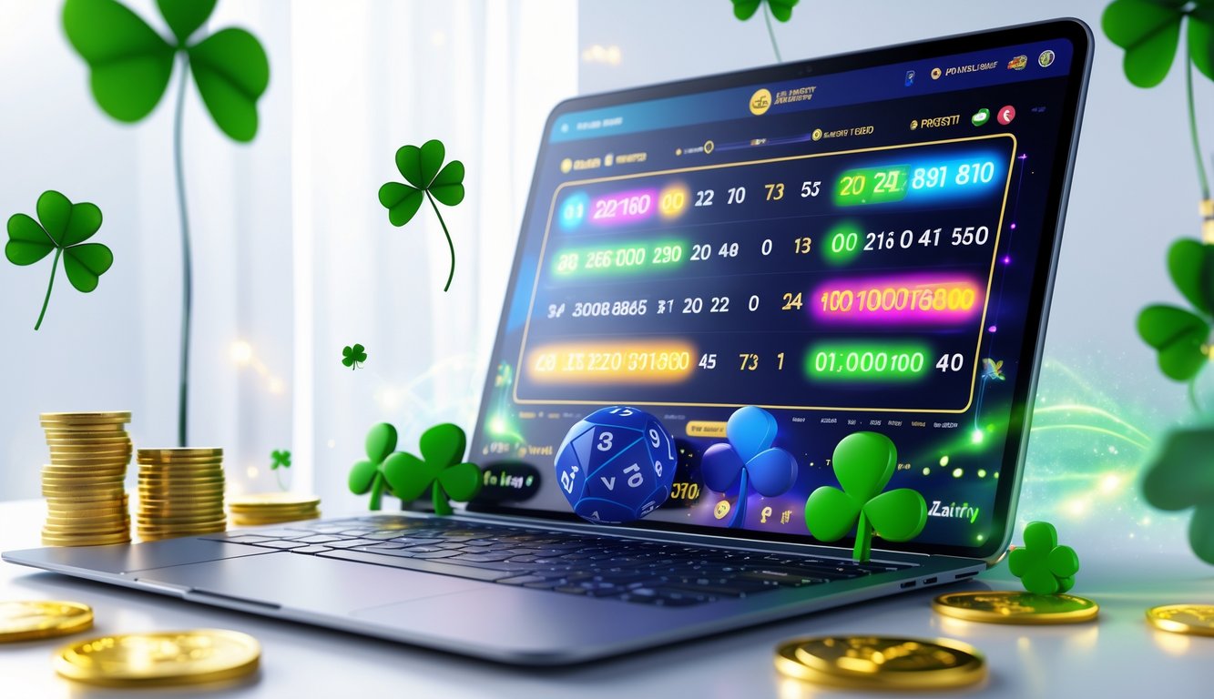 Sebuah perangkat digital menampilkan angka dan simbol keberuntungan seperti daun semanggi dan koin emas di atas meja dengan pencahayaan cerah.