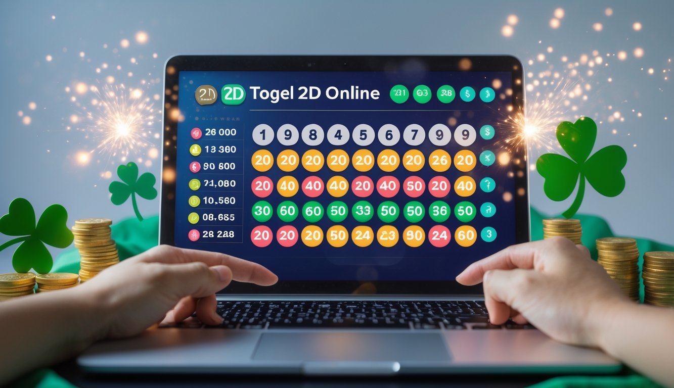 Seseorang menggunakan tablet dengan tampilan angka togel dan simbol keberuntungan di sekitarnya.
